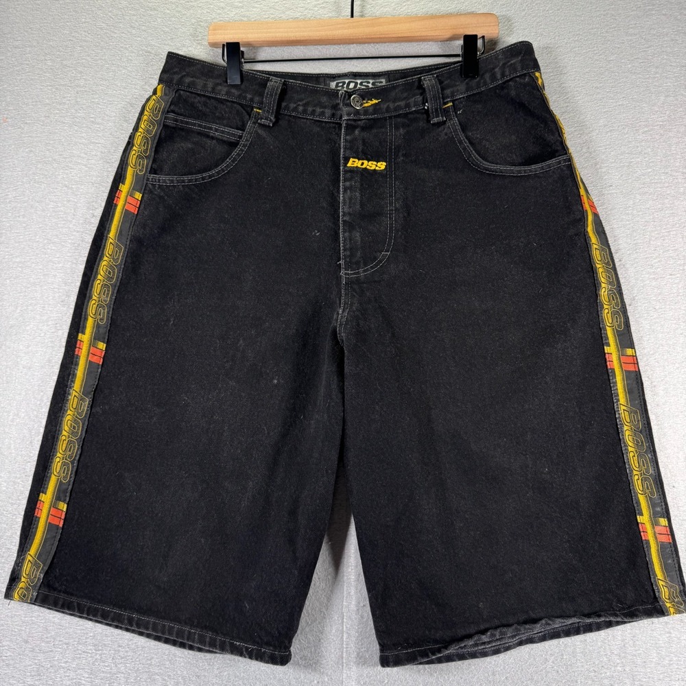 Vintage Boss Jean Shorts Men 36 Black Wide Leg Made In USA Baggy Streetwear Y2K
